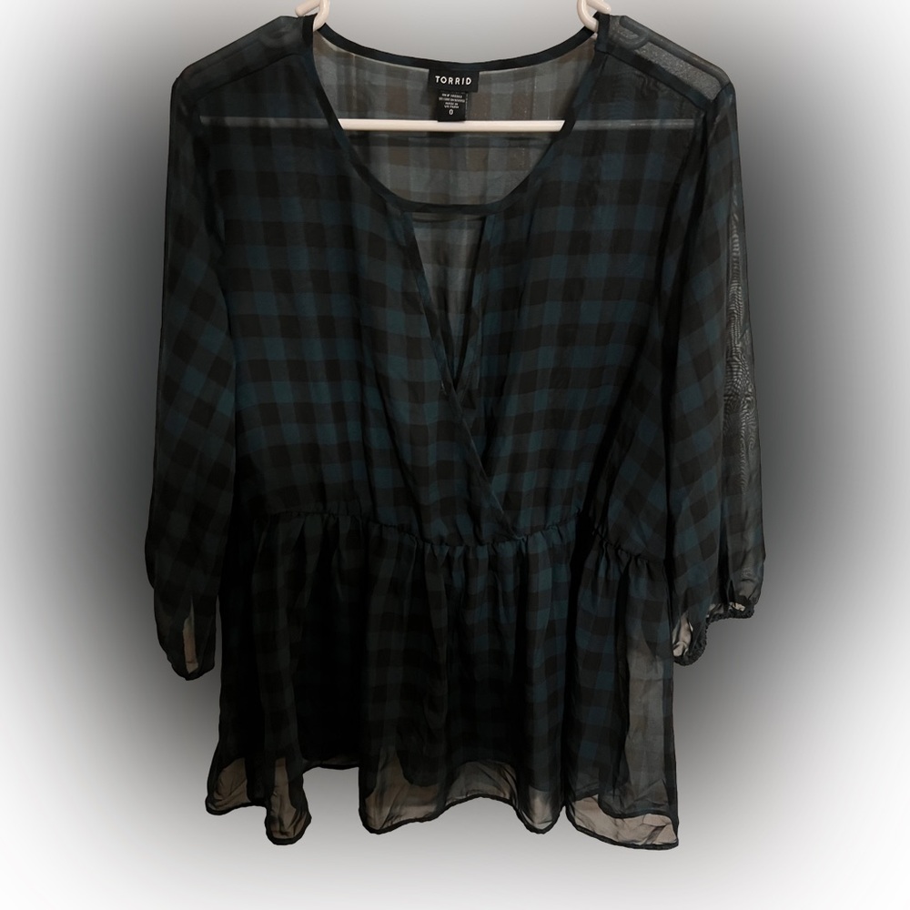 Torrid Sheer Gingham Peplum Blouse Green women’s size 0